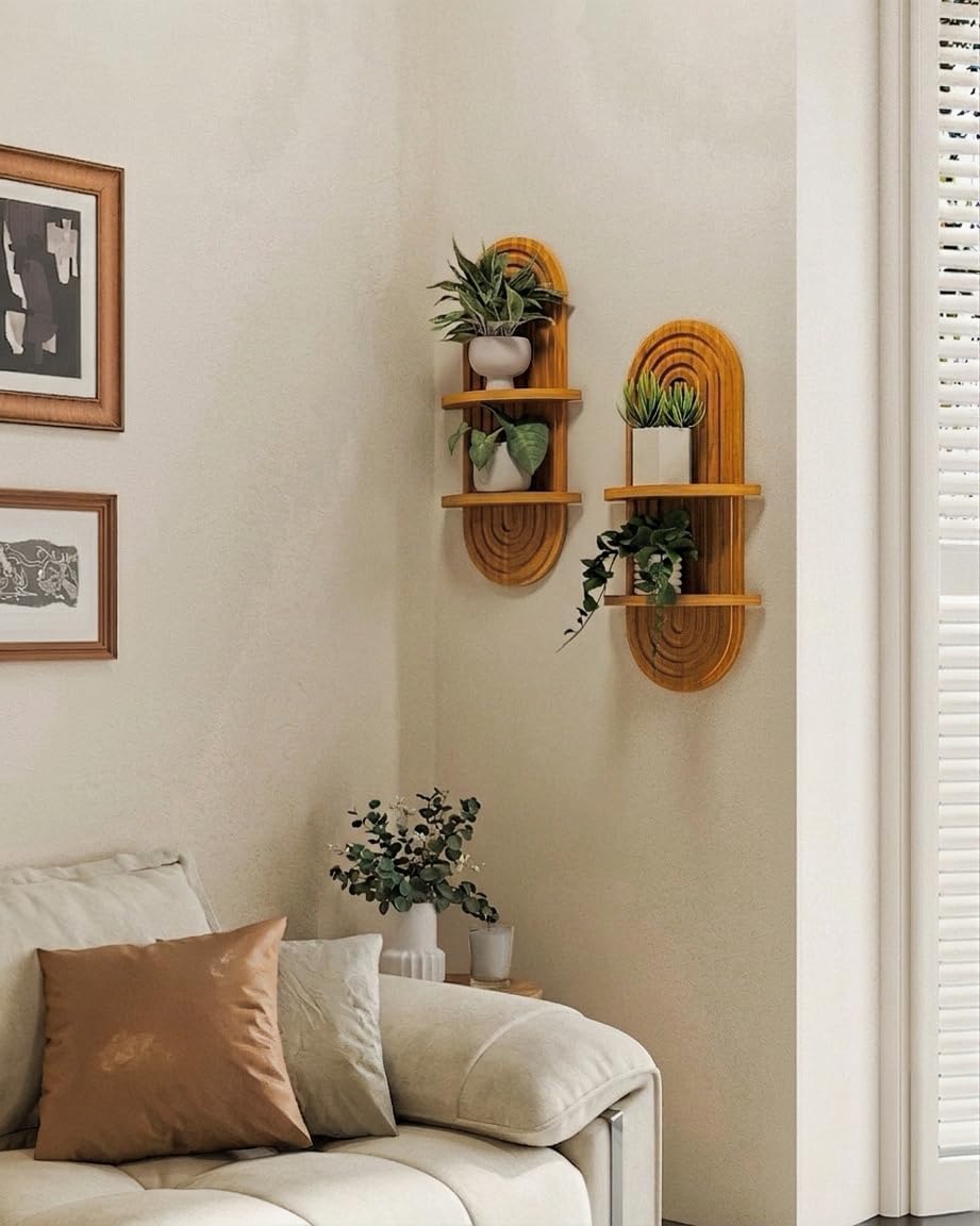 Bamworld Boho Wall Decor Brown Plant Wall Shelf, Mid Century Modern Decor Hanging Plant Shelf, 2-Tier Wooden Floating Shelves for Home, Bathroom Bedroom Living Room, Office Planter Decoration 2 pcs
