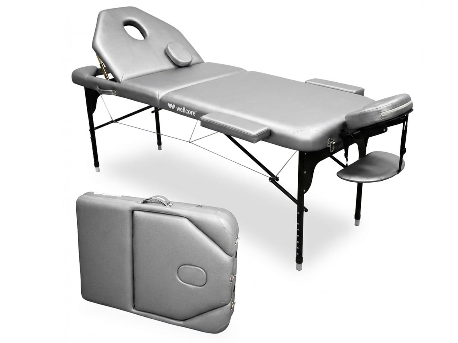 WELLCORE - Barella pieghevole in alluminio, con schienale ribaltabile, 185 x 65 cm, ecopelle, altezza regolabile, testa articolata, foro facciale, colore argento, zaino da trasporto, fino a 225 kg