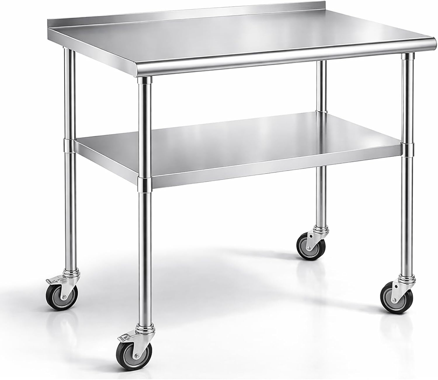 Stainless Steel Kitchen Prep Table with Wheels 24x36 Inches, NSF, Rounded-Corner, Backsplash, Adjustable Undershelf Work Table for Outdoor,Commercial,Restaurant (36" x 24")