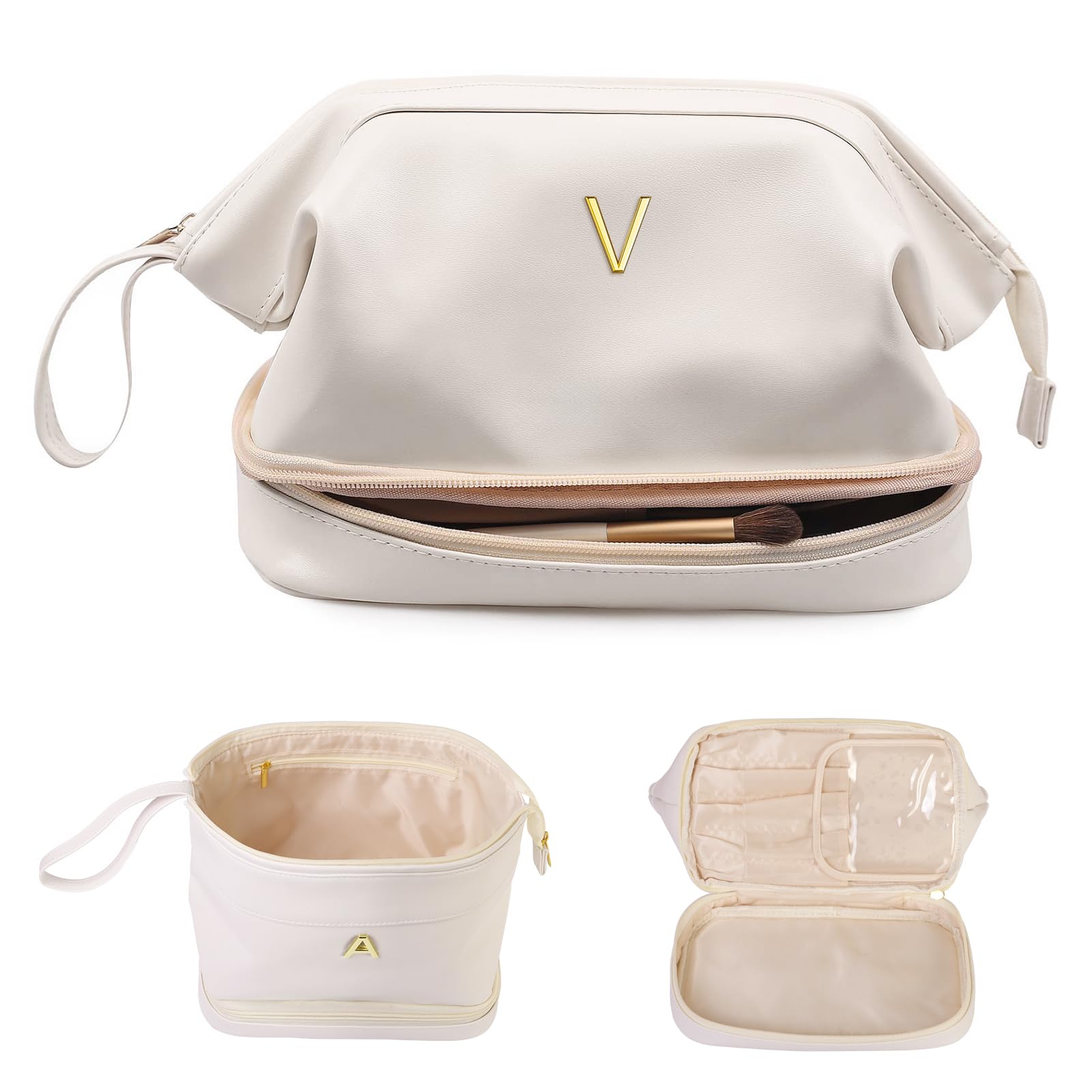 Vogewood Bridesmaid Gifts for Women, Initial Makeup Bag,Gifts for Girls 12-14 Cosmetic Bag with Makeup Brush Organizer, Large Capacity PU Leather