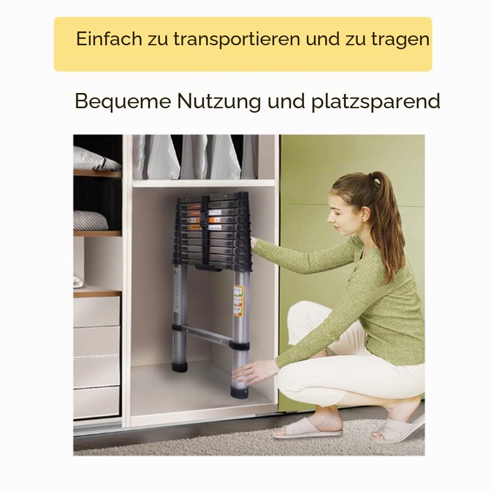 2,6 m ausziehbare Teleskopleiter – robuste Edelstahl-Mehrzweckleiter für Dachboden, Gartendach, Treppenleiter, einziehbare Leiter mit Sicherheitsknopf, verstellbare Stufe zum Dekorieren, Malen