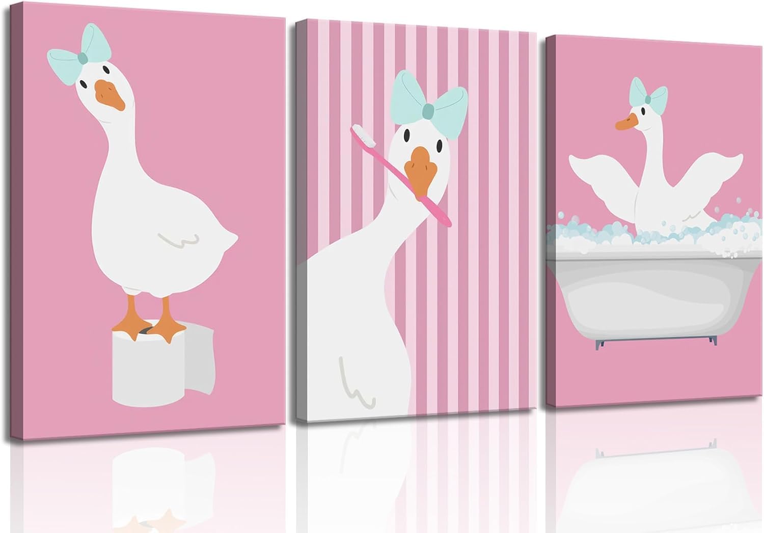 lianyibo 3 Pcs Silly Goose Pink Bathroom Canvas Wall Art Pictures Funny Kids Bathroom Poster Prints for Children Restroom Decor(30x40cmx3/Frameless)
