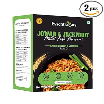 Essentiaeats High Protein Jowar and Jackfruit Millet Pasta Macaroni With Tastemaker- Contains 2 Packs, 360 gm | No Maida, Not Fried, Low GI, No Preservatives | Sun Dried | Rich in Vitamins & Fibre - image, photos