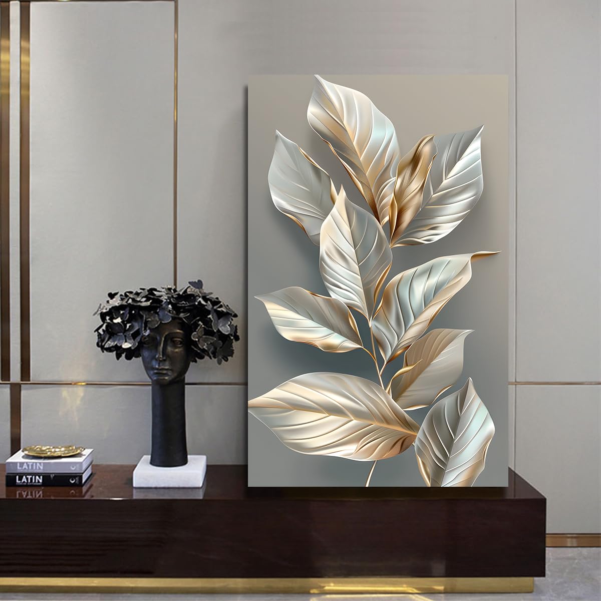 TOANGWALL Hojas de plata doradas Arte mural de lienzo Elegantes grabados botánicos Mural de naturaleza Cartel contemporáneo de hojas Pintura para la decoración interior del dormitorio 65x110cm