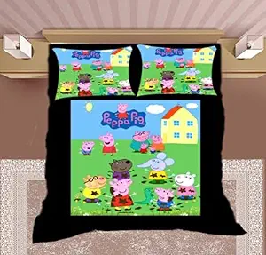 Roman. Collection Kids Cartoon Character Design Double Bed 90 X 100 inch Queen/King Size Glace Cotton Velvet bedsheet with Two Full Size Pillow Covers(Peppa-Pig)