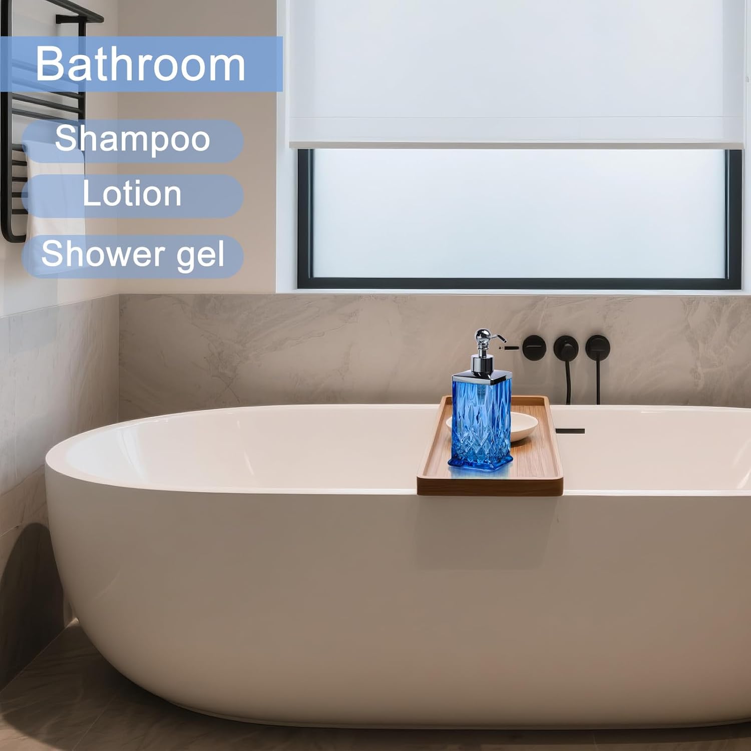 10Oz Blue Glass Soap Dispenser with Silver Pump,Lead-Free Thick-Cut Glass,Countertop Soap Dispensers for Bathroom & Kitchen,Square - Image 5