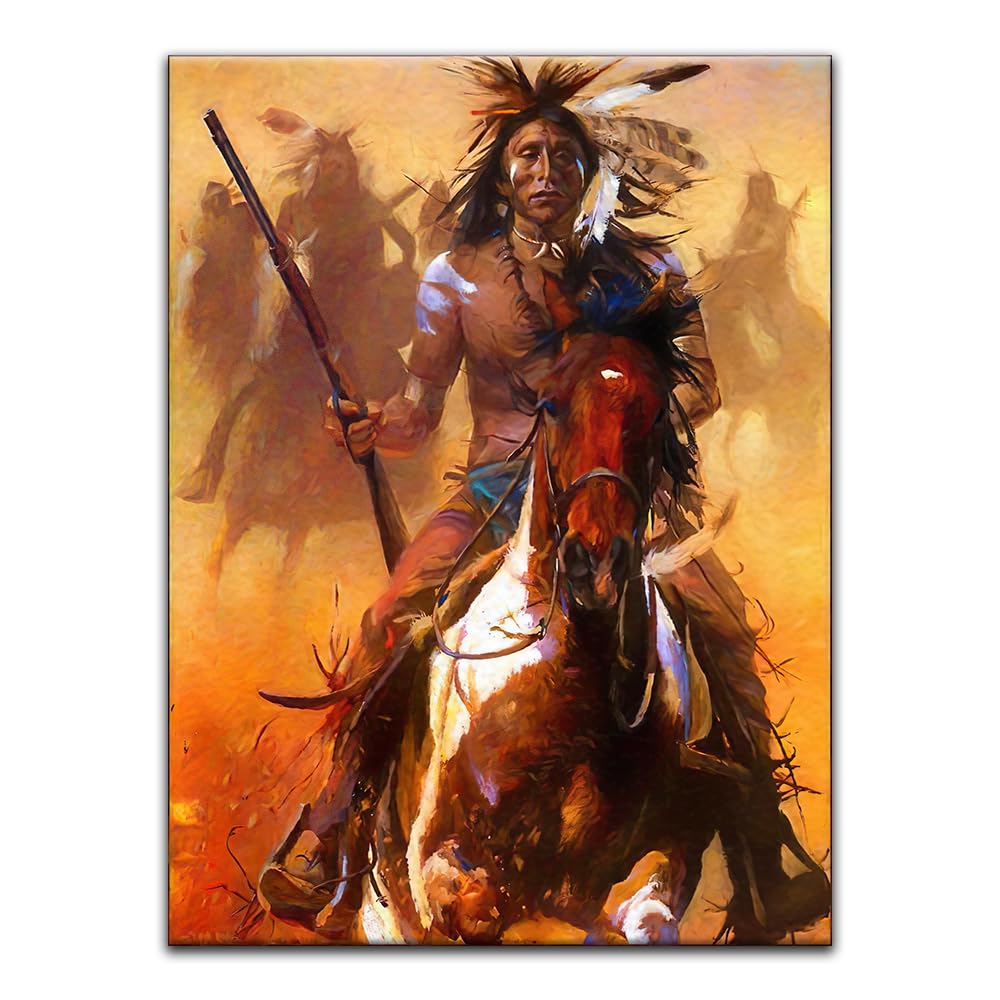 Indian Warrior Wall Art, Native American Decor, Chief Riding Horse Poster By Charles Russell, Vintage Canvas Prints, Traditional Indian Tribe Wall Pictures for Living Room (12x16 inch No Frame)