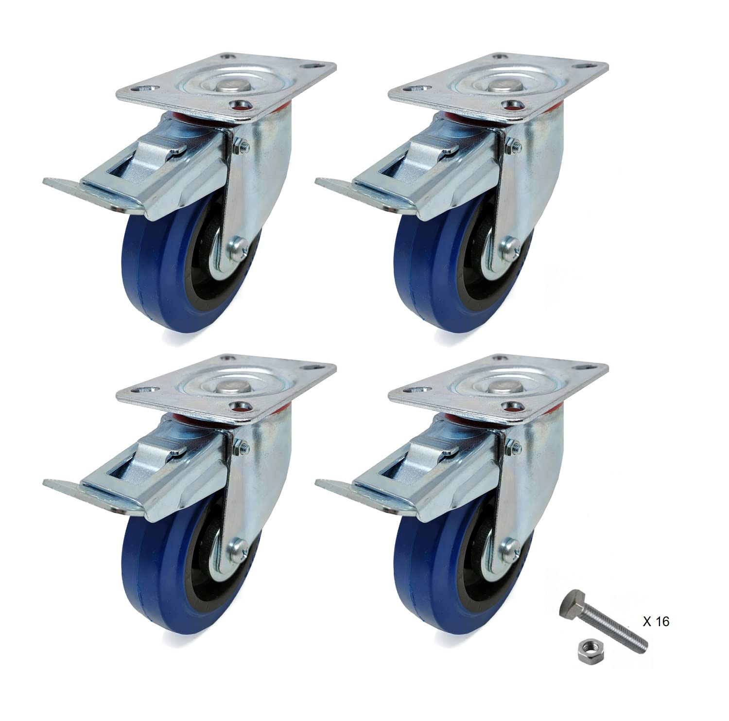 Kit 4 Ruote 100 mm in gomma elastica blu con freno - ruote pivotanti per carrello e carichi pesanti - portata max 480 kg - Rotelle per mobili, banchi da lavoro e cassoni