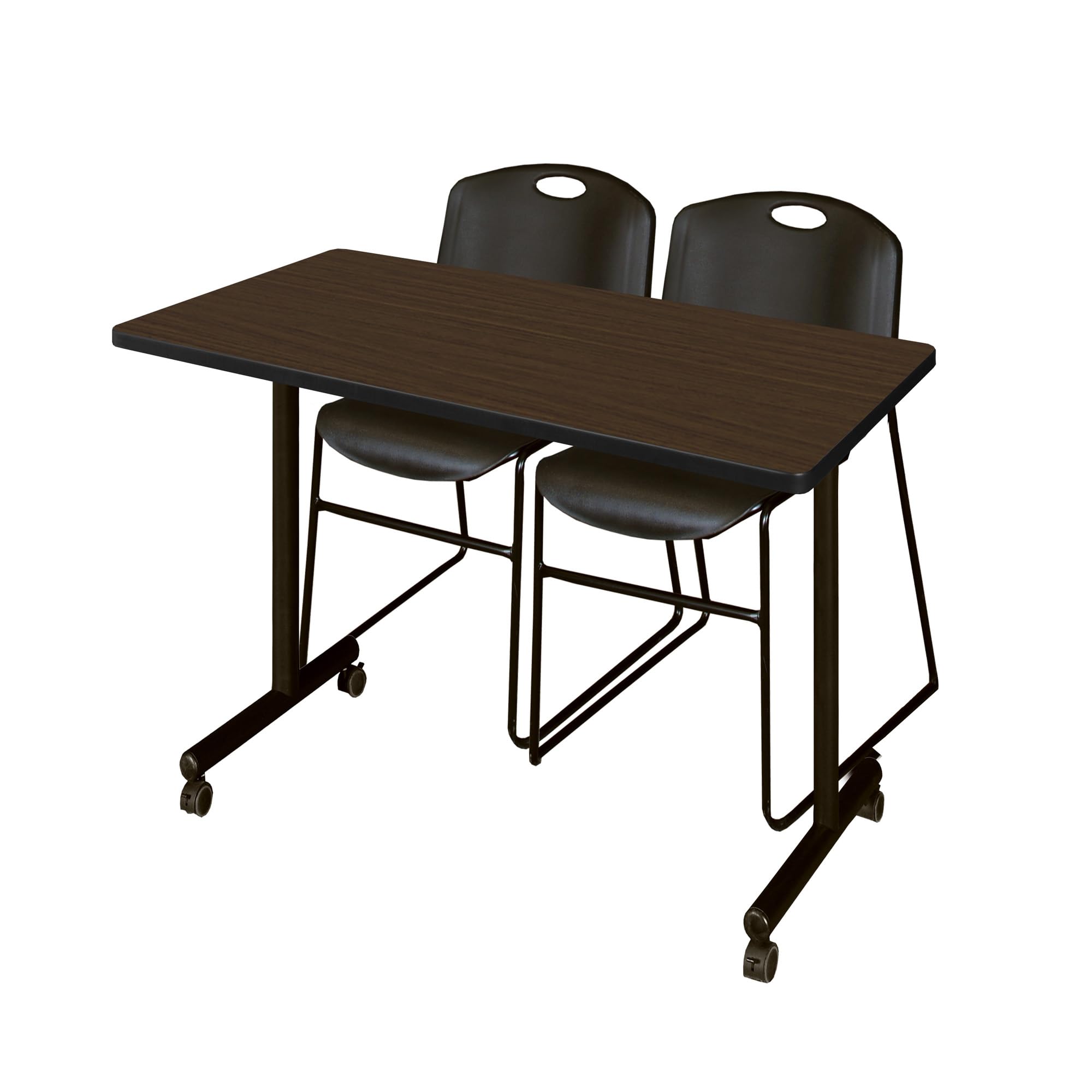 Regency Kobe 48 x 24 in. Mobile T-Base Training Table- Neo Walnut, 2 Zeng Stack Chairs- Black