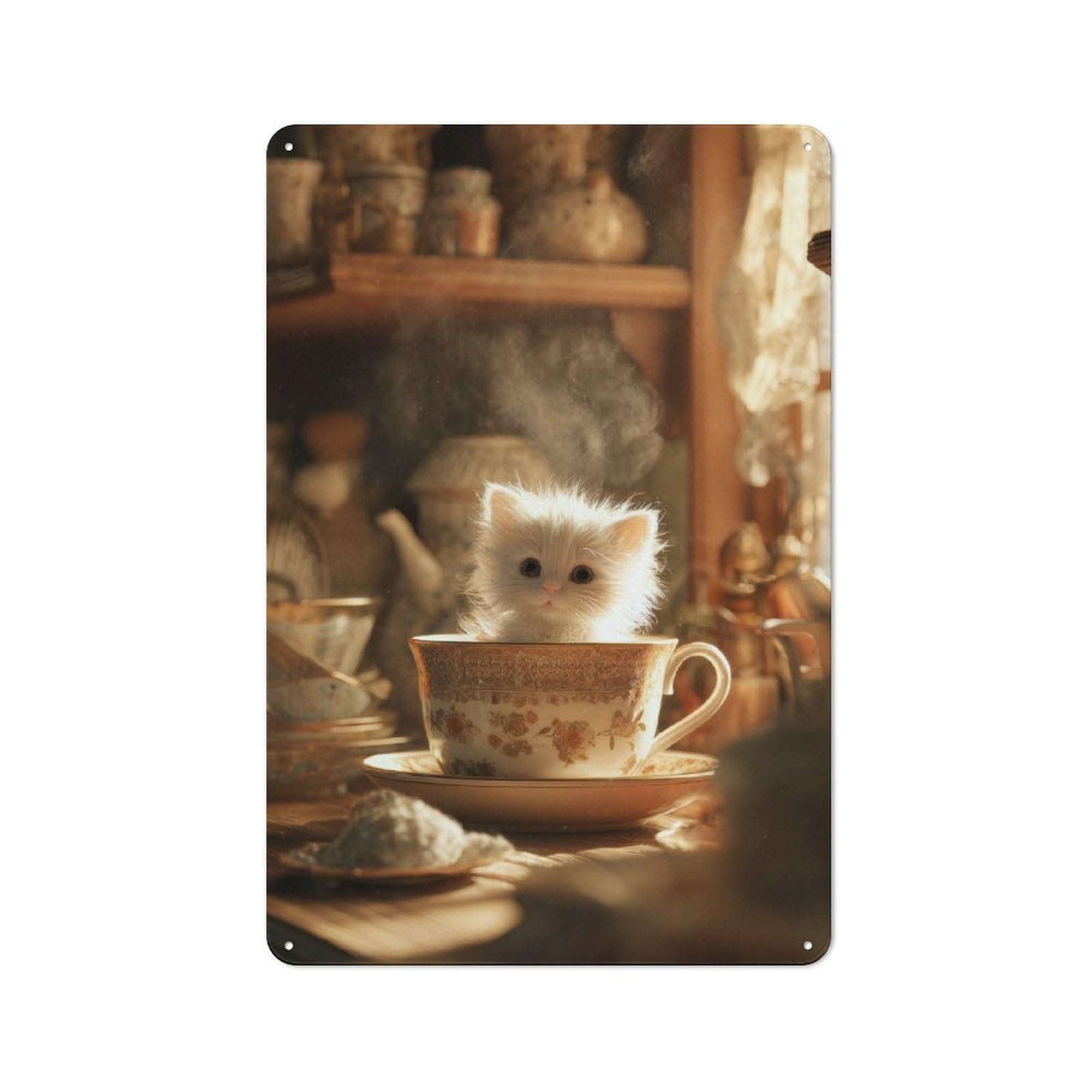 Junmoney Kitten In A Teacup Vintage Vintage Tin Sign 30X20cm, Cafe Wall Decor For Bakery, Diner, Cafe Or Family Room