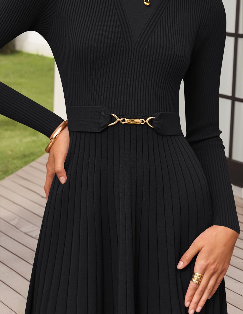 ZESICA Women's Long Sleeve Midi Sweater Dress 2026 Fall Crewneck Knit A Line Pleated Flowy Long Dresses with Belt - Image 8