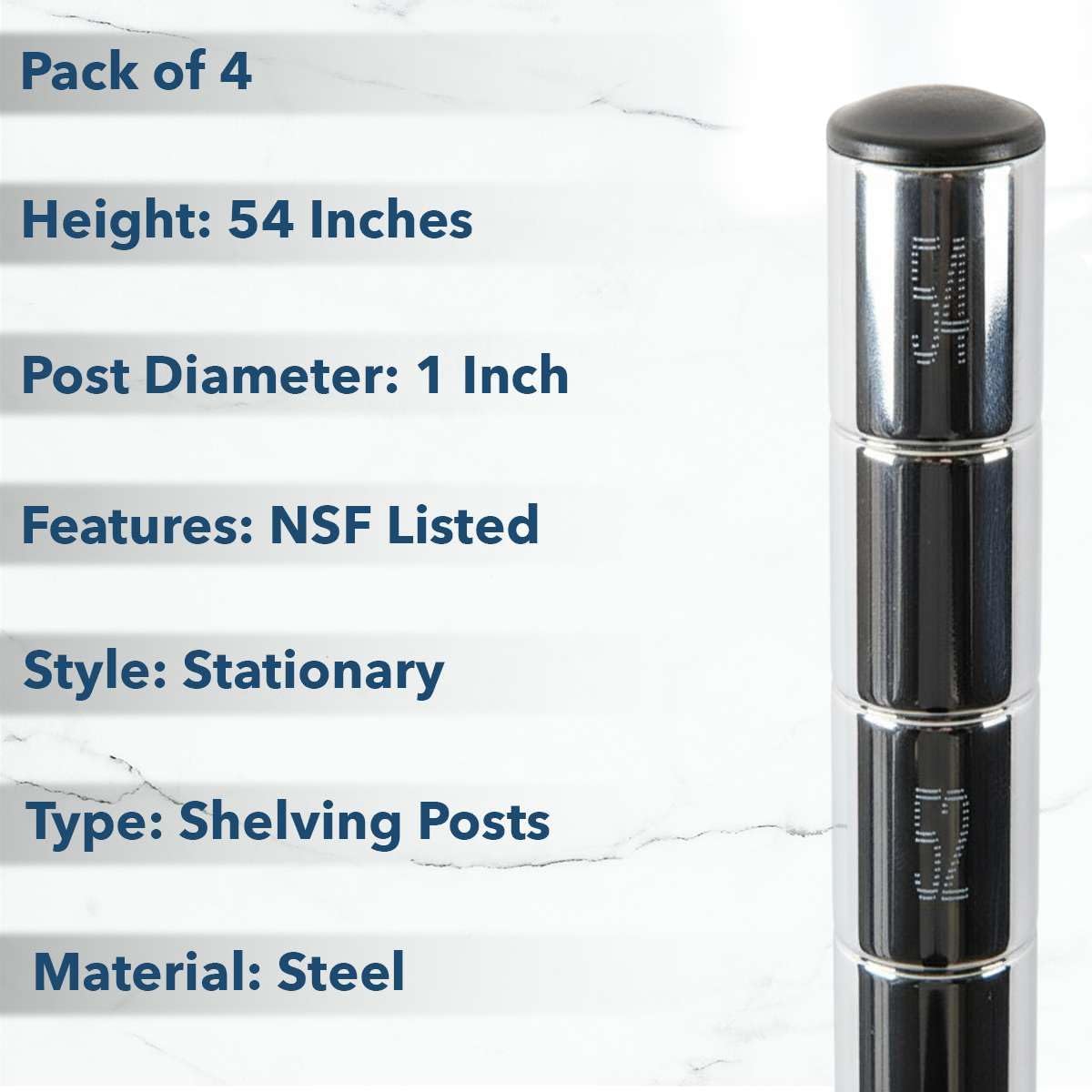 54" Chrome NSF Shelving Posts (Pack of 4) - Poles Height: 8"-96" - Stationary or Mobile Wire Rack Posts for Storage Shelving, Heavy Duty Pole, Replacement Poles for Shelves (1")