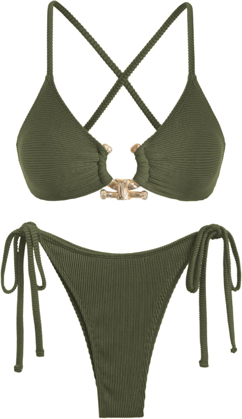 ZAFUL Women's Sexy Cutout Bikini Set High Cut Textured Metal Ring Cheeky Swimsuit Two Piece Bathing Suit