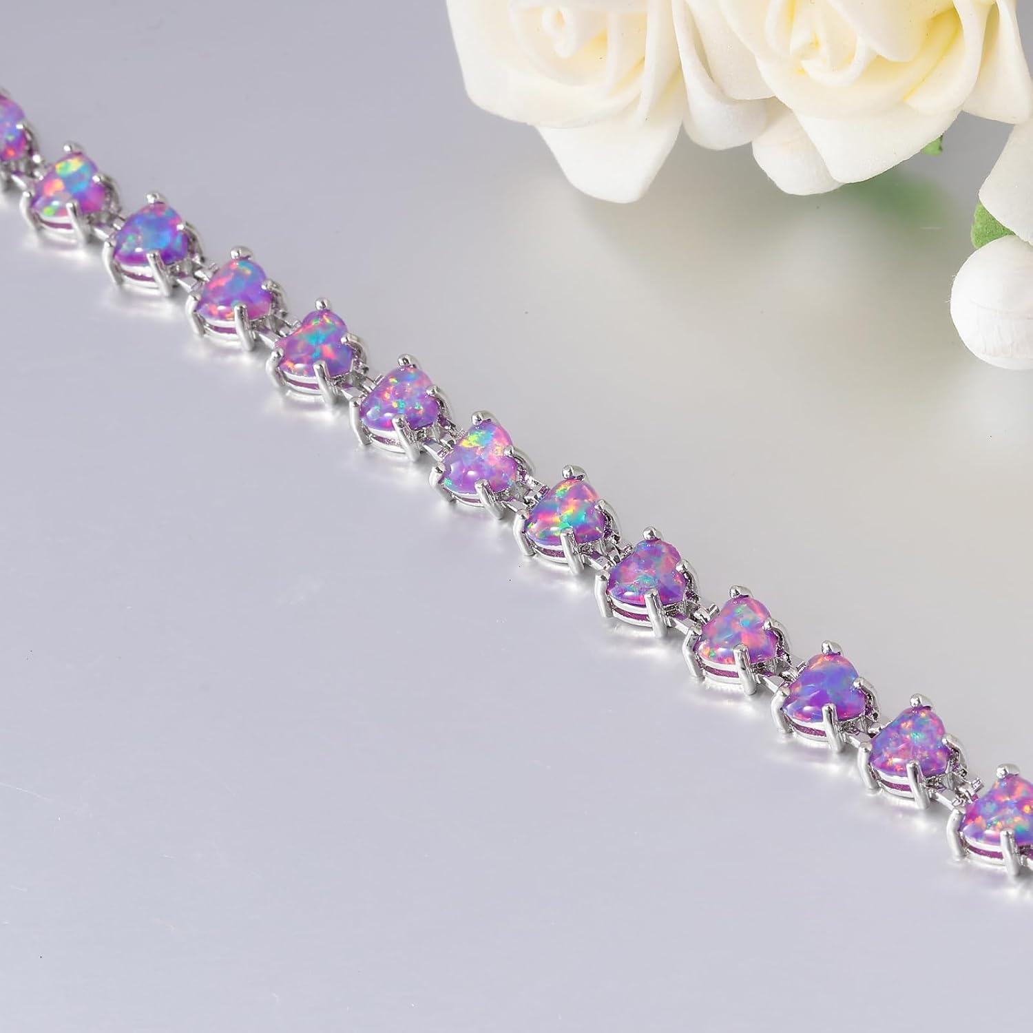 CiNily Opal Tennis Bracelets for Women Trendy, 14K White Gold Plated Heart Opal Bracelet Adjustable Stackable Birthstone Bracelets Gifts for Anniversary/Birthday/Valentine's Day | Size 6.9-9.1 Inch