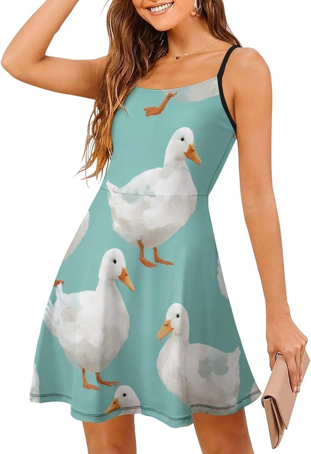 Cute Ducks Short Cami Dress for Women Adjustable Spaghetti Strap Flowy Sundress Beach Vacation