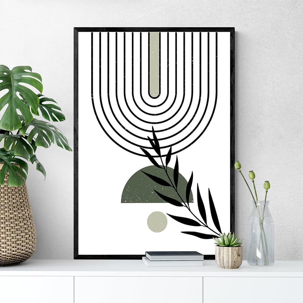 Poster mural abstrait bohème vert sauge avec cadre en métal noir (8x12in