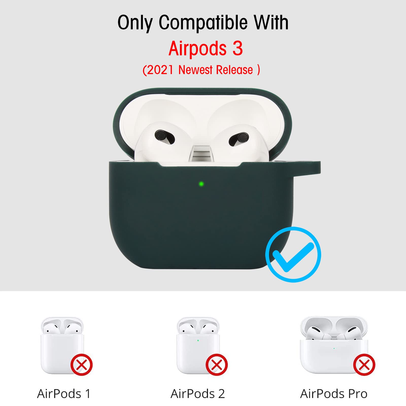 Coque Étui Protecteur Compatible avec AirPods 3, Housse de Protection en Silicone Anti-Choc, Souple, Antidérapant Etui de Protection pour Airpods 3ᵉ Génération 2021 avec Mousqueton, Dark Green - 3