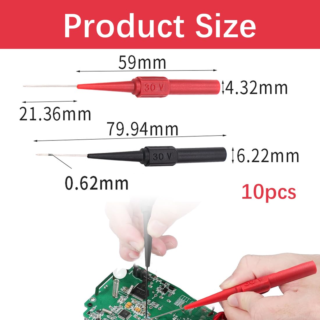 Aghi Piercing Per Multimetro, 10 Pezzi Punte Di Misurazione 0.7Mm 30V Per Test Elettrici Industriali, Sonde Rosse E Nere