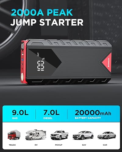 Miniatura 2 de Arrancador de coche, batería de coche portátil de pico de 2000 A para motor diésel de hasta 9.0 L de gasolina y 7.0 L, paquete de batería de
