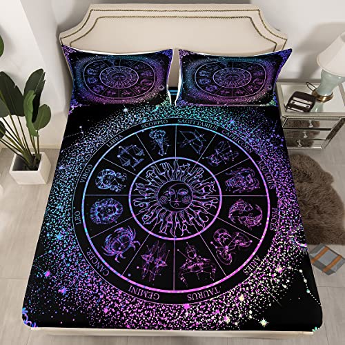 Sun Moon Bed Sheets Zodiac Astrology Bedding Set Queen Constellations Galaxy Sheet Set Spiritual Gifts For Girls Teens Women,Trippy Leo Aquarius Fitted Sheet Purple Blue Flat Sheet + 2 Pillow Cases #TOP1