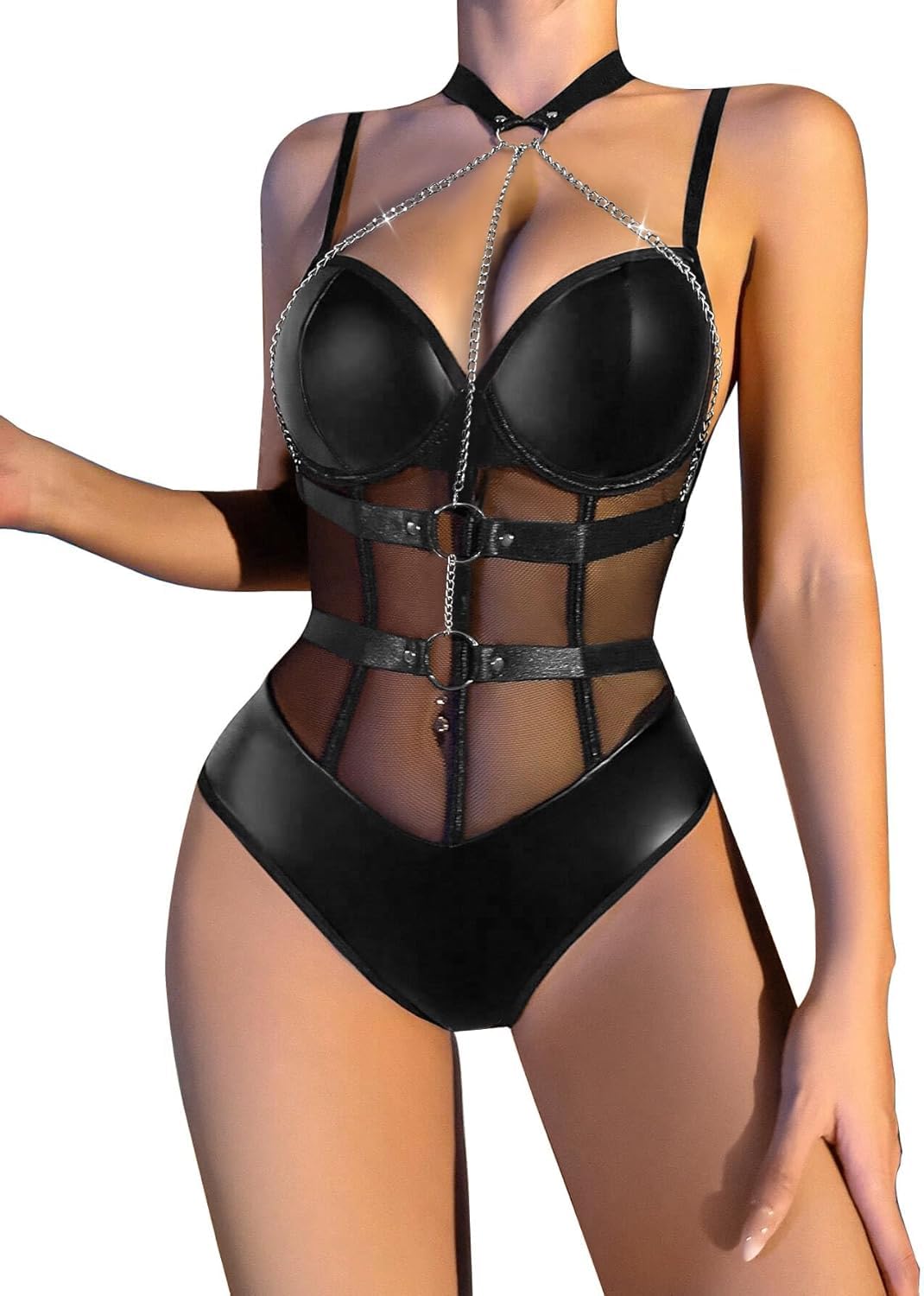 chicklick Women's Strappy Lingerie Bodysuit – Sexy Mesh & Faux Leather One-Piece Teddy with Harness Detail-picture-29