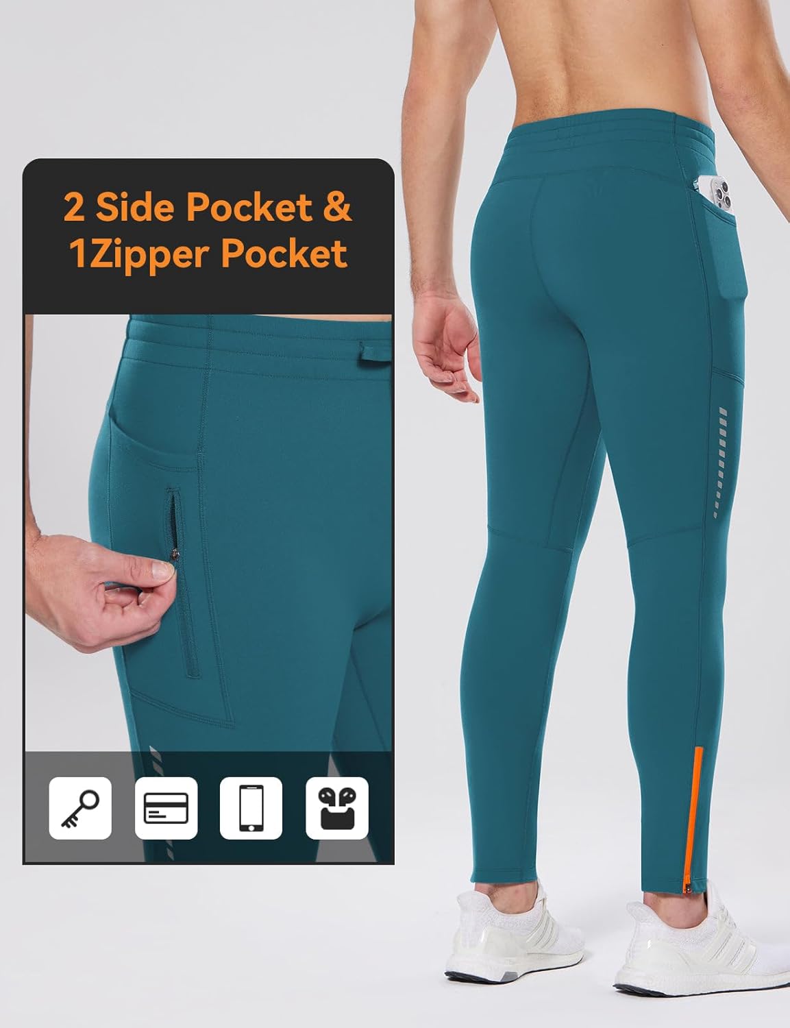 baleaf Men's Thermal Running Tights Fleece Compression Leggings Winter Pants Zipper Pockets Cycling Gear Cold Weather - Image 2