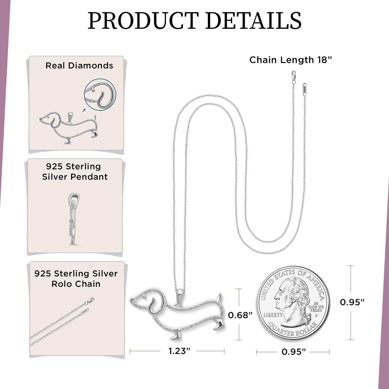 Jewelili Sterling Silver Dachsund Dog Pendant Necklace | Natural White Round Diamonds | 18" Rolo Chain | Fine Jewelry with Gift Box | Timeless Fashion Jewelry Gift for Her