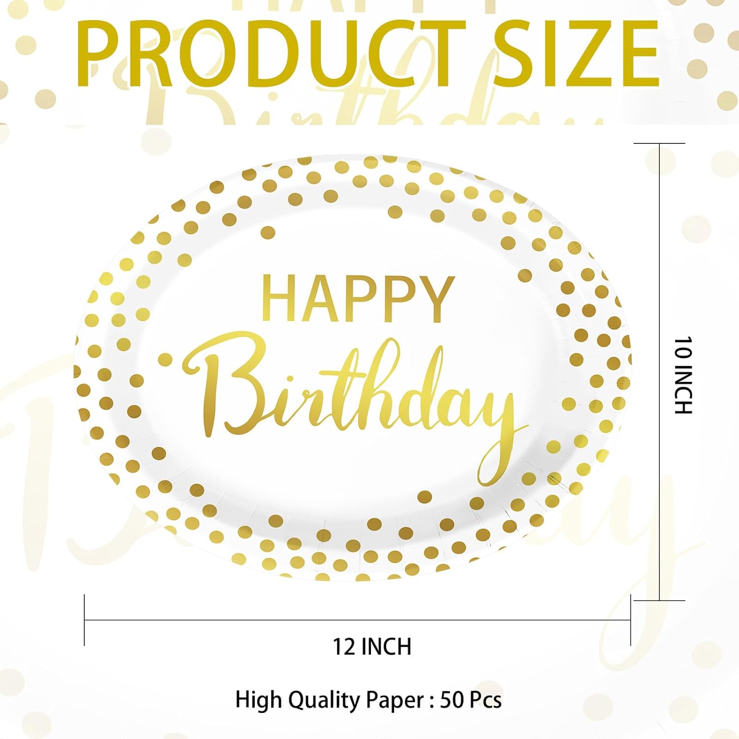 50Pcs Gold Birthday Oval Paper Plates 10" x 12" Large Heavy Duty Disposable White Gold Happy Birthday Theme Decorations Golden Dessert Party Plate for Women Men Winter Xmas Eve Holiday Party Supplies