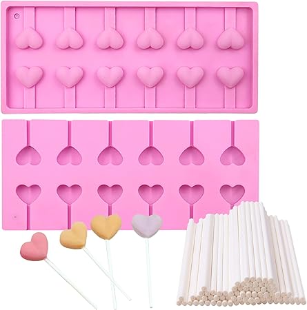 Valentine's Day Heart Lollipop Candy Silicone Mold, 12 Hole Valentine's Day Heart Shape Mold with 80pcs lollipop sticks，DIY Cookies Candy Gummy Chocolate Mold Ice Cream Tray
