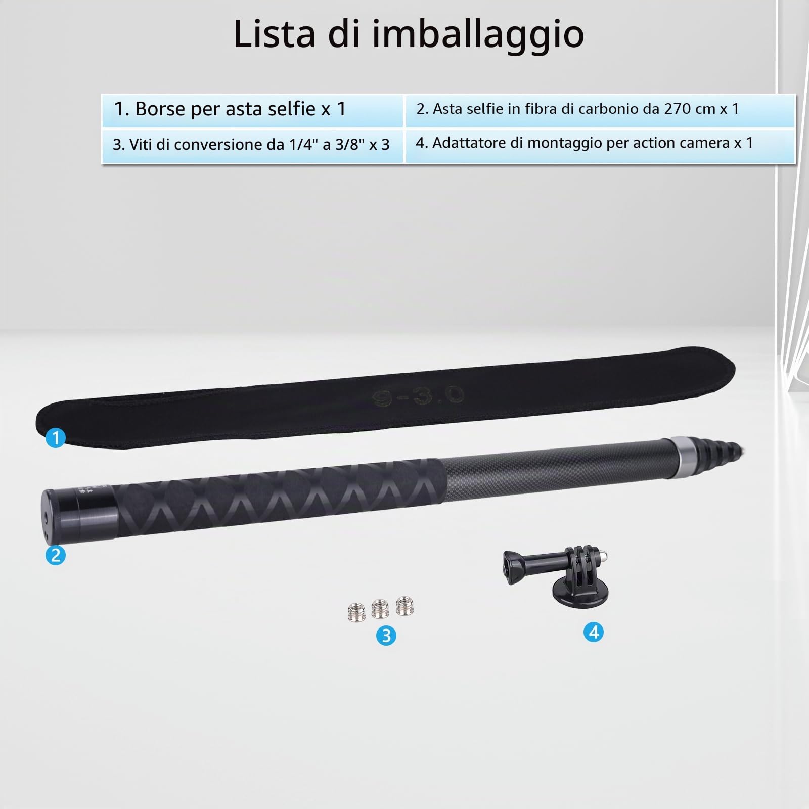 ARTCISE Bastone per selfie in fibra di carbonio da 270 cm ER270 - Asta di prolunga monopiede per fotocamera GoPro Hero, GoPro, per DJI Osmo Action, per fotocamera