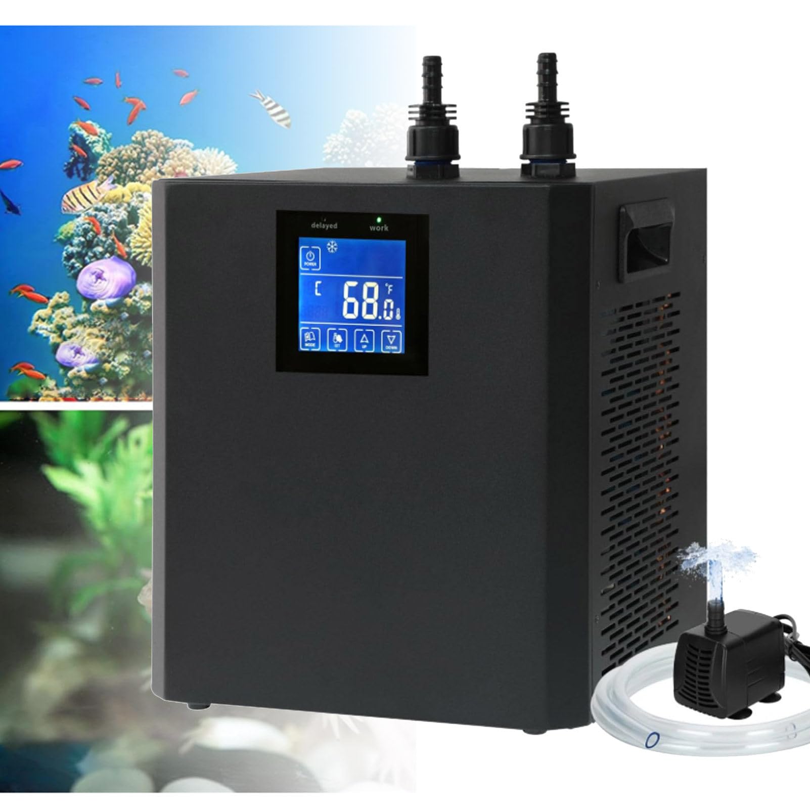 Oiyekntd Aquarium Water Chiller Cooler 300L Marine Tank Chiller Water Cooling Machine Suitable Aquarium for Reef Coral Jellyfish Shrimp Water Plants, with Upgraded LED display, Water Pump and Pipe