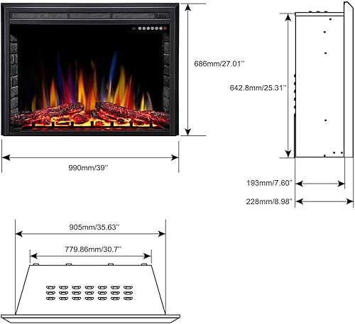 Miniatura 4 de Inserto para chimenea eléctrica R.W.FLAME,Estufa eléctrica independiente y empotrada,Pantalla táctil,Mando a distancia,750W-1500W,Negro