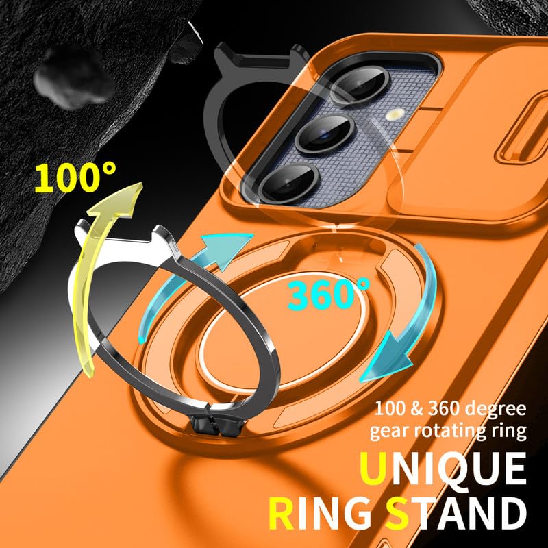 Image of LuxuryKase Shockproof Rugged Case for Samsung Galaxy S24 Plus | Slide Camera Cover | 360 Rotating Ring Kickstand | Military-Grade Protection - Sunset Orange