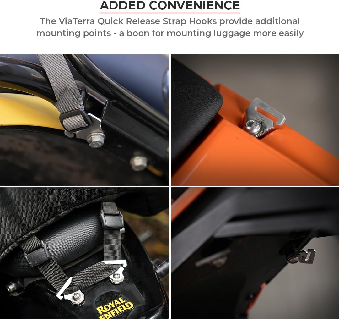 ViaTerra Quick Release Motorcycle Strap Hooks |Heavy Gauge Stainless Steel Mounting Brackets, Universal Fit, Set of 2 (M8)