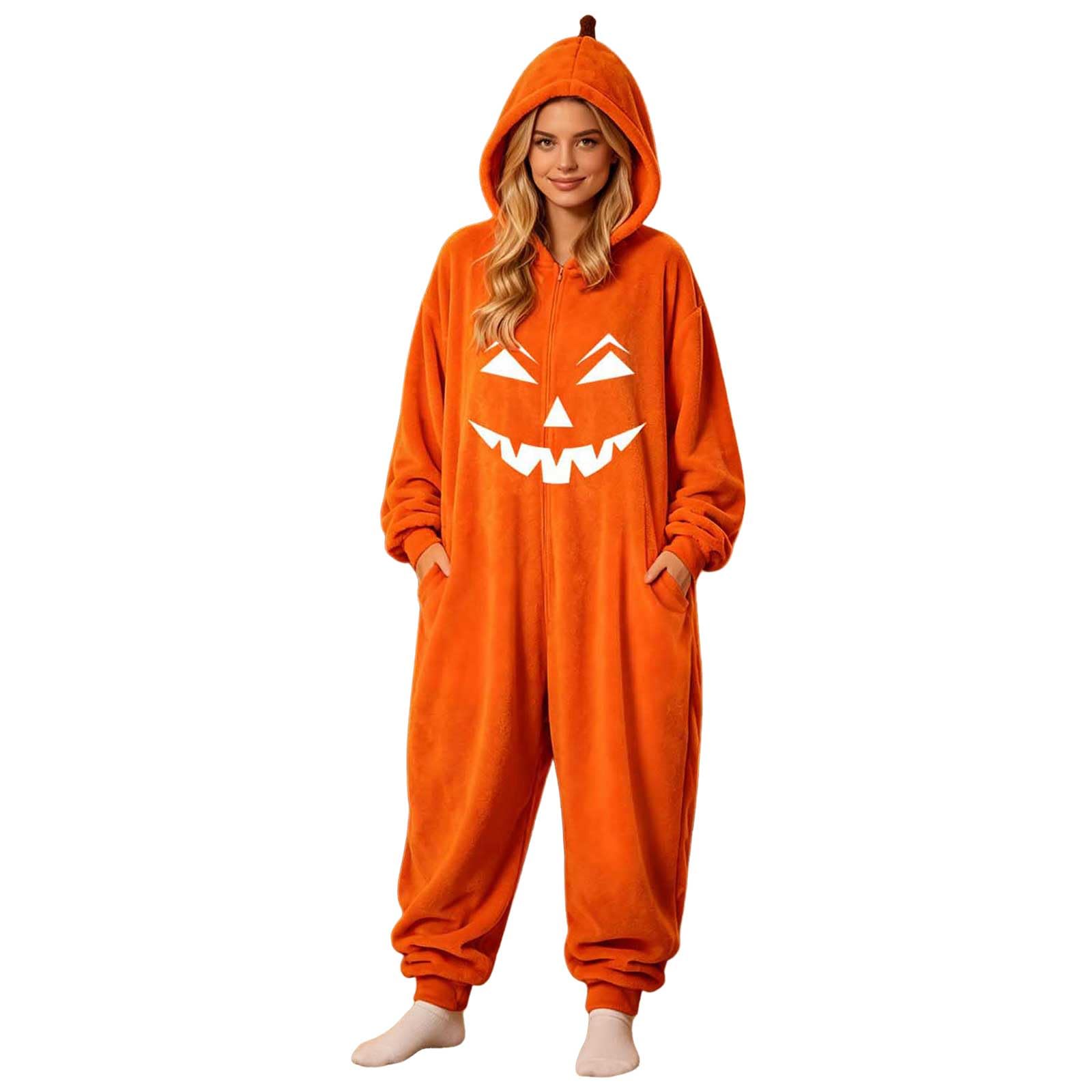 Genérico Pijama Polar Enterizo Halloween Diseño de Calabaza para Corte Amplio Transpirable Capucha Prácticos Bolsillos Laterales Vestimenta Cómoda para Descanso Fiestas de Disfraces
