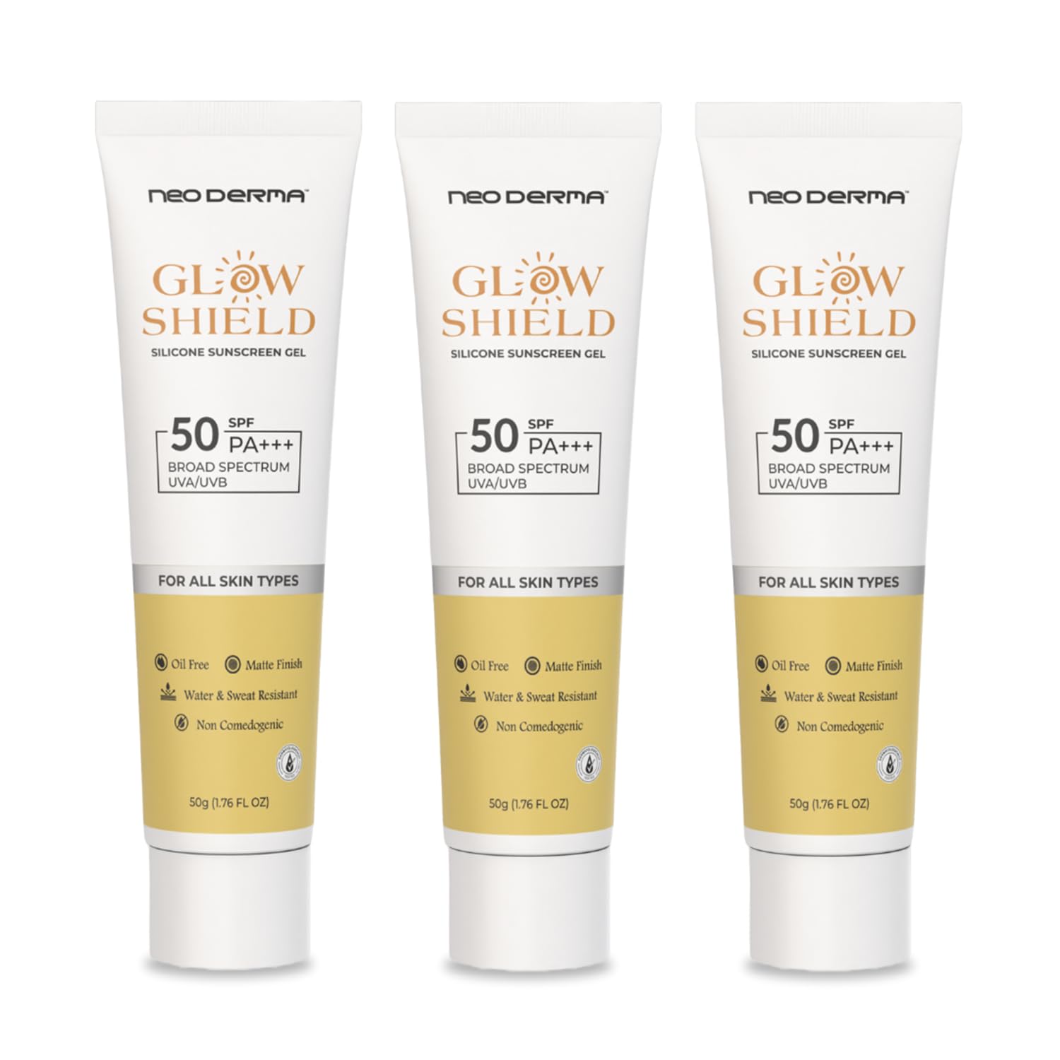Neoderma Glow Shield Silicone Spf 50 Sunscreen Gel | Vitamin C + E Super Bright Sunscreen | Water-Light,UVA/UVB & Blue Light Protection | For All Skin Types | Dermatologist Tested | 50g | Pack of 3