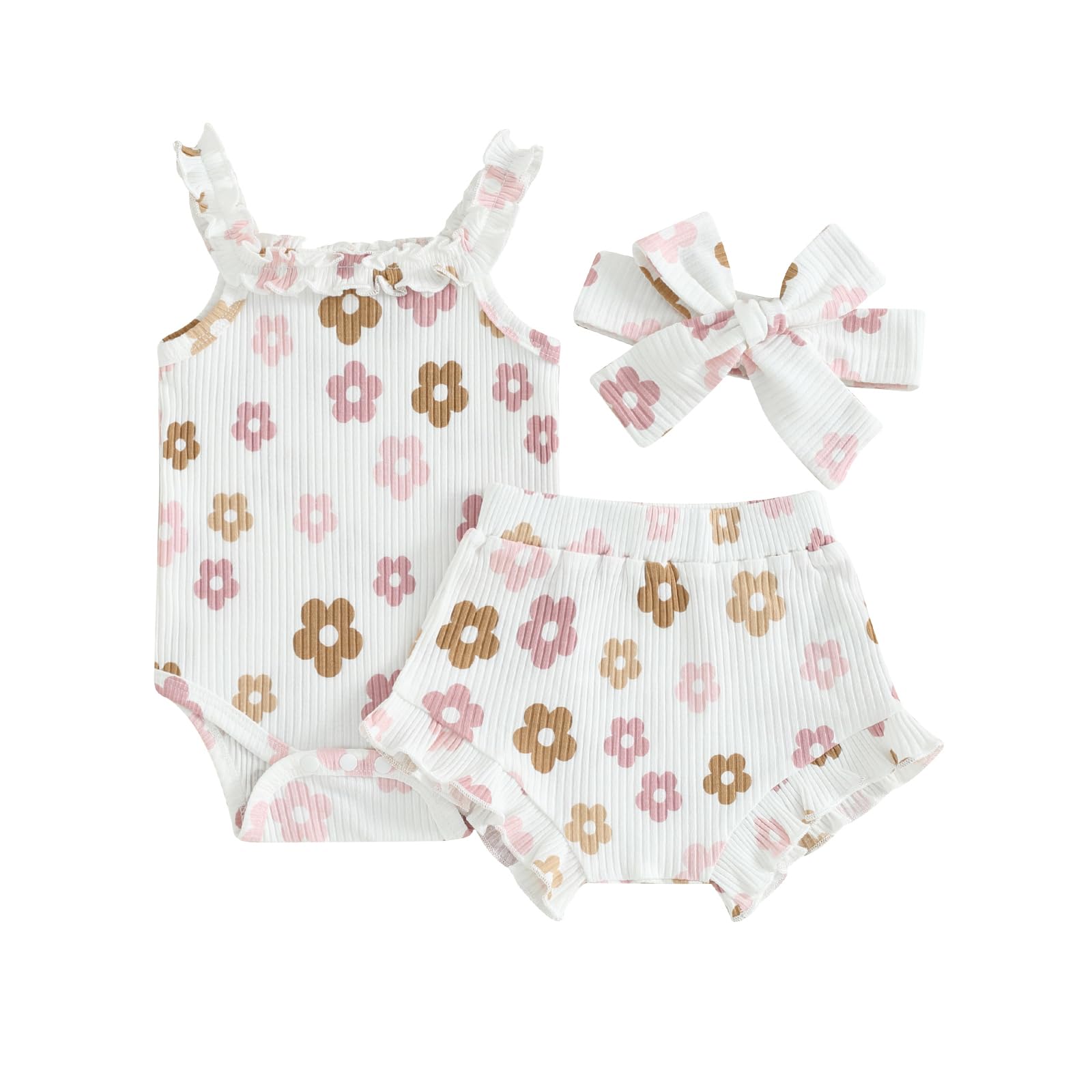 Newborn Baby Girl Summer Outfits Ribbed Sleeveless Romper Bodysuit Top and Ruffle Shorts Headband Clothes Sets
