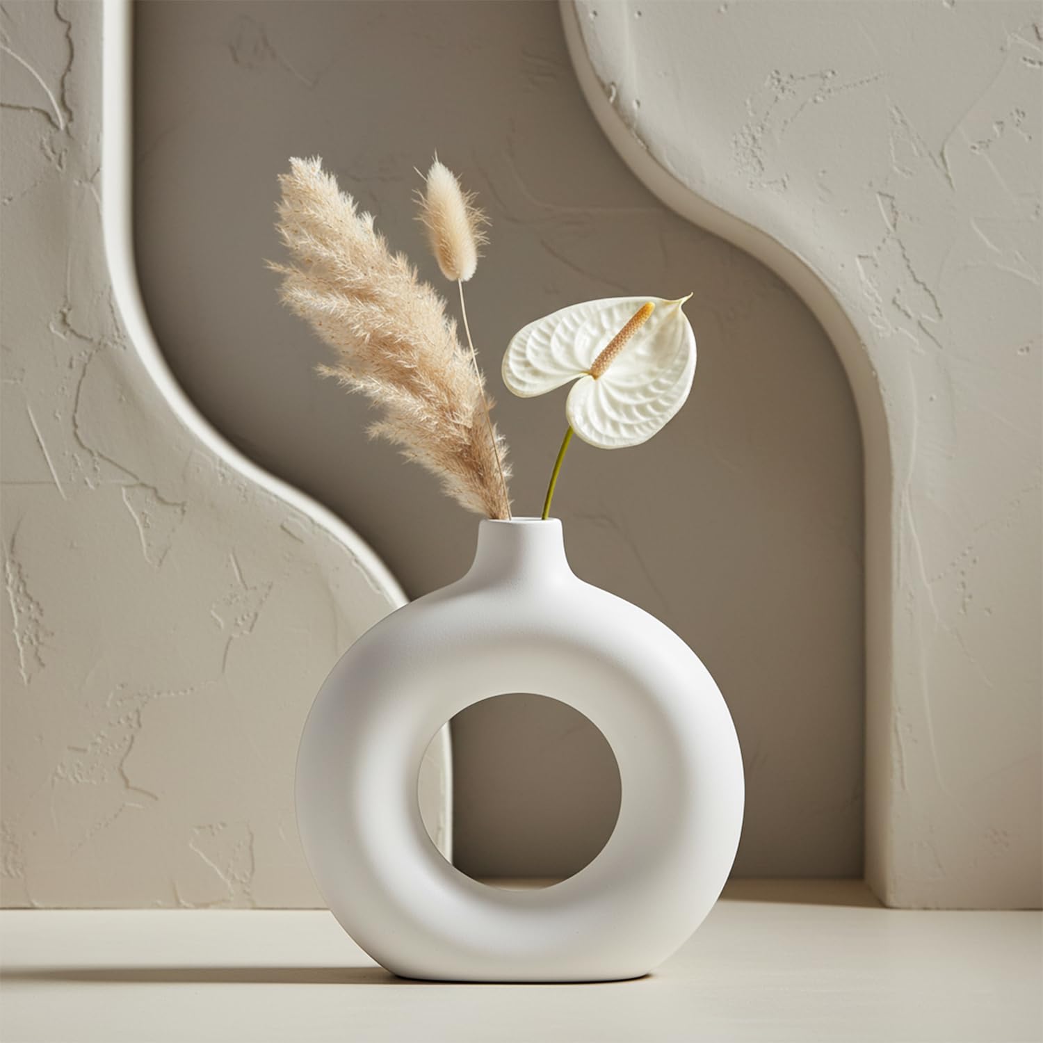 Bonkaso White Plastic Donut Vase 8.5 Inch (Set of 2) | Modern Ring Shape Flower Vase for Pampas Grass & Dried Flowers | Elegant Home, Office & Table Decor Centerpiece (18x8x16 cm)-image-18