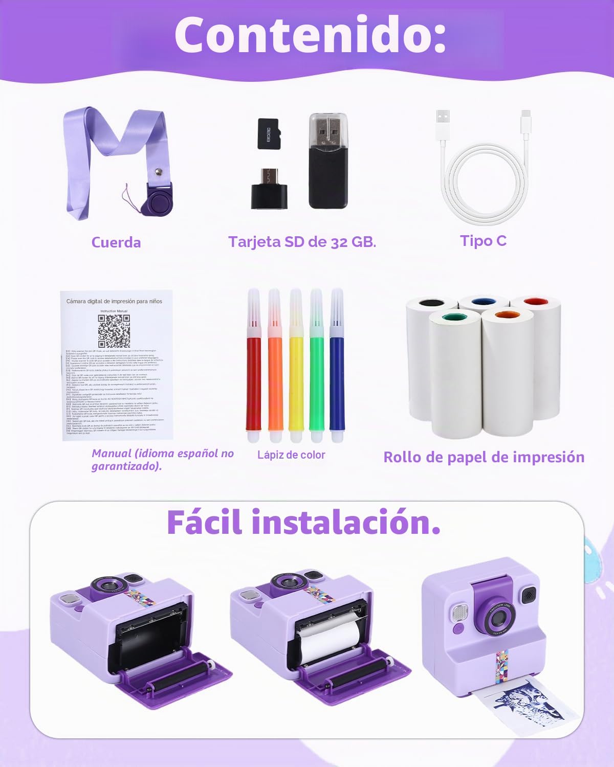 Cámara instantánea para niños, 1080P HD, cámara instantánea con impresión instantánea, tarjeta SD de 32 GB y 5 rollos de papel fotográfico, regalo para niñas y niños a partir de 3 – 12 años
