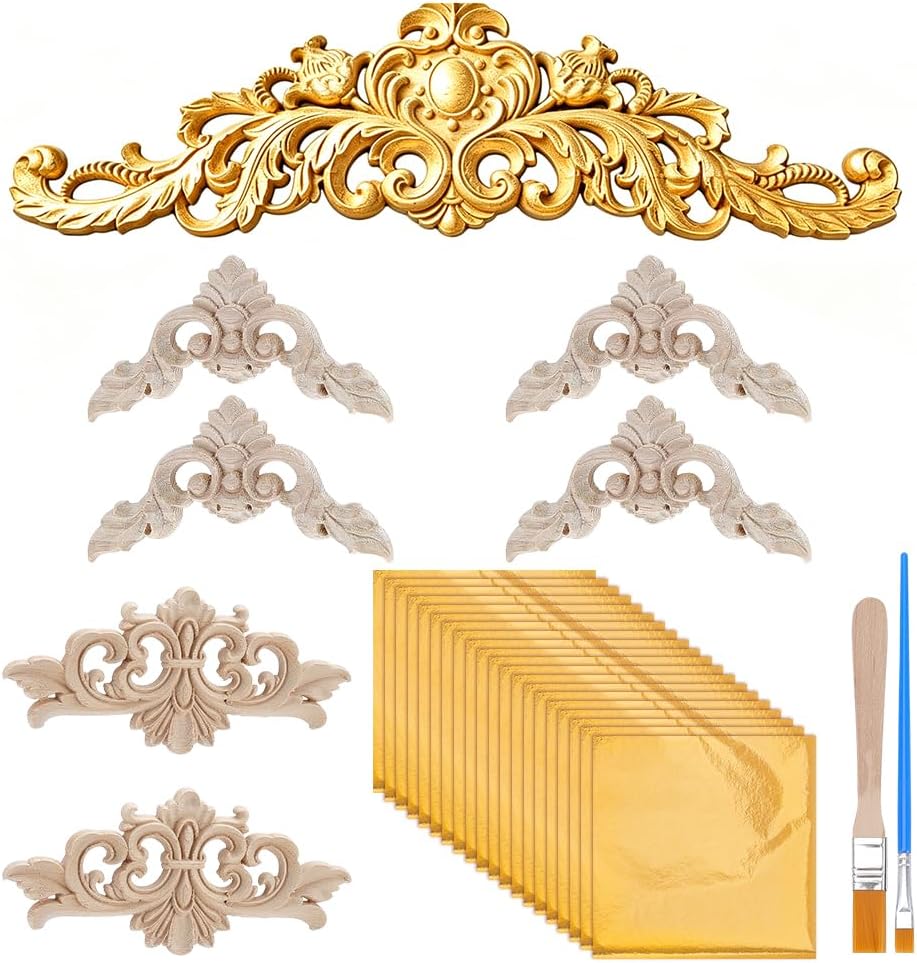 NBEADS 7 Pcs Wood Applique and Onlay, Wood Applique with 100 Sheets Foil Leaf Gilding Adhesive Set and 2 Styles Paint Brush for Wall Bed Victorian Furniture Decor