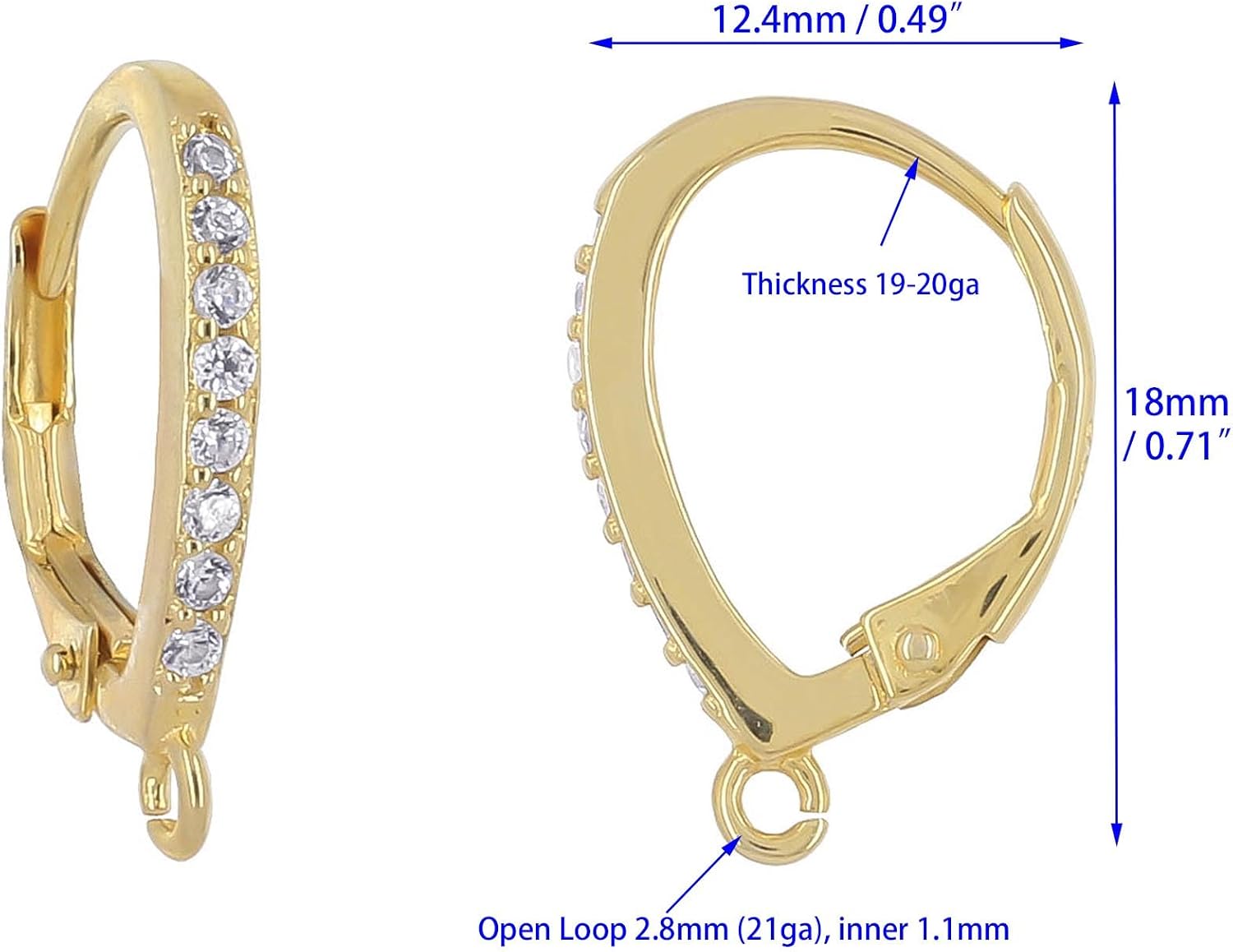 Sterling Silver CZ Lever Back Leverback Earring Hook Ear Wire Connector for DIY Jewelry, Gold Plated