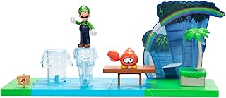 Super Mario Sparkling Waters Action Figures Playset Includes 2.5 Inch Luigi & Red Huckit Crab with Interactive Pieces