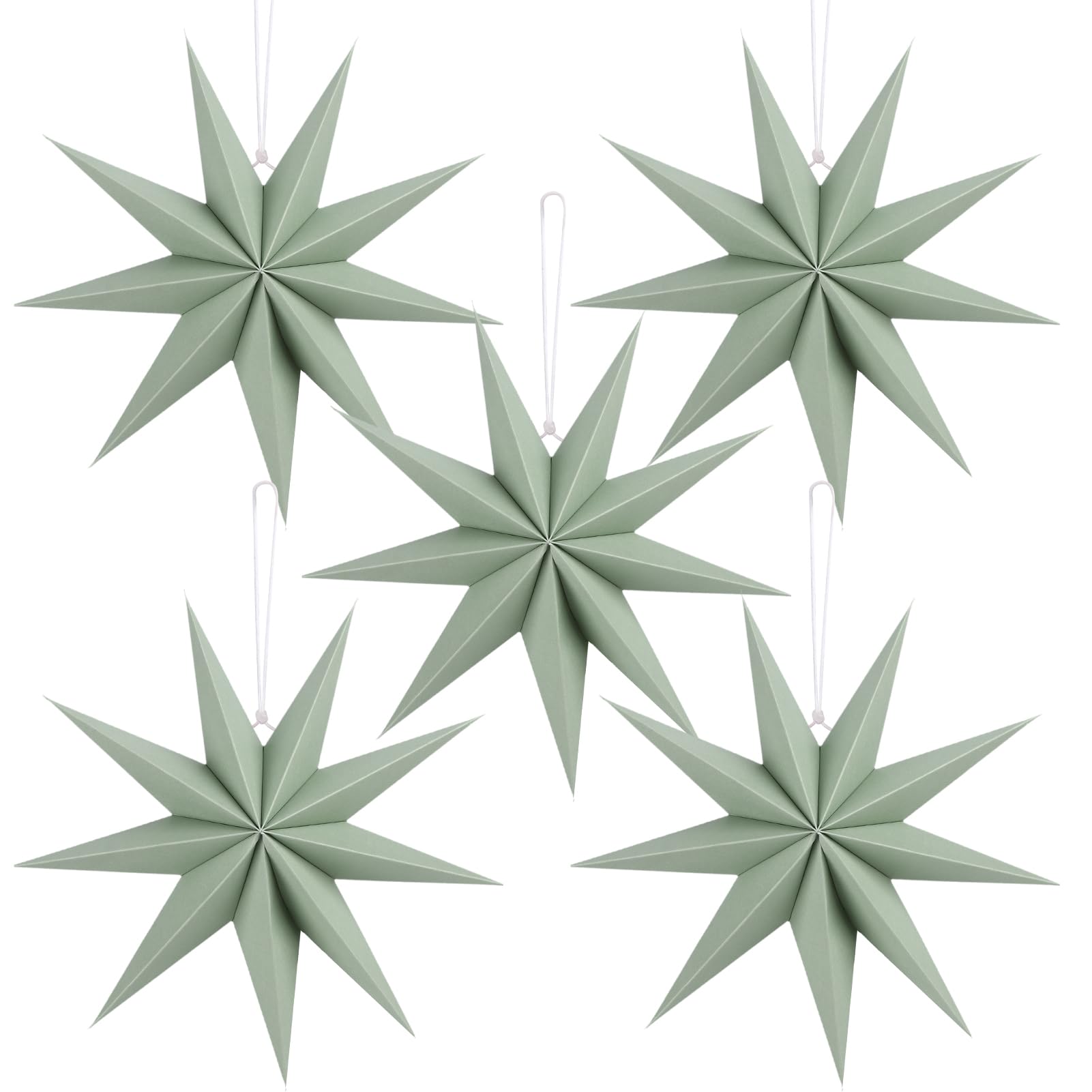 12 Inches 5 PCS Sage Green Paper Star Lanterns Christmas Party Decorations Hanging Stars Christmas Party Decorations Wedding Birthday Christmas Home Party Decorations(9 Pointed)