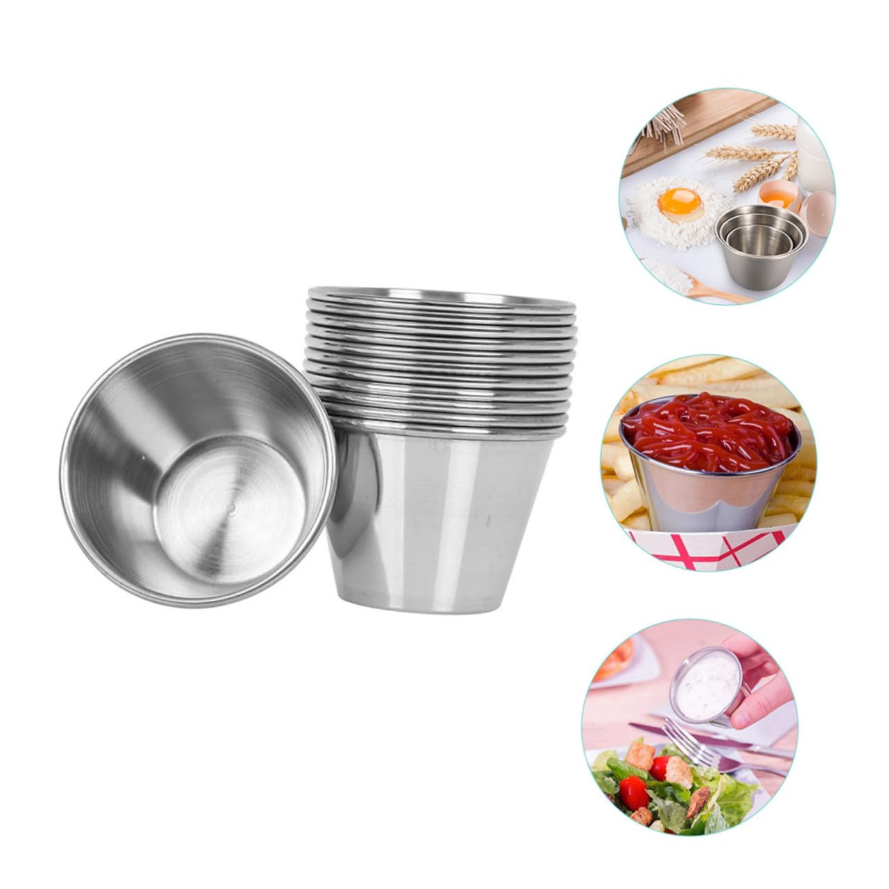 Didiseaon Bicchieri Rotondi Resistenti All'usura Set 12 in Acciaio Inossidabile Argento e Facili da Pulire per Condimenti per Uso a Tavola e Negozi Alimentari