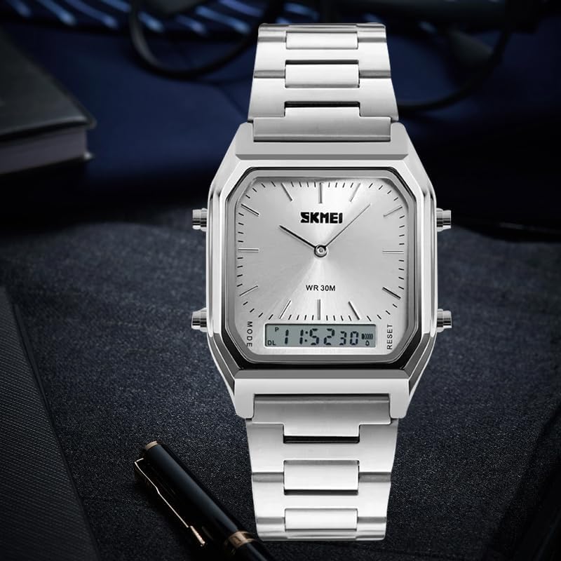 Gosasa Women's Digital Sports Watch Outdoor Stainless Steel Band Electronic Waterproof Square LED Women's Wristwatch Silver image 4 of 6 B07K9PK3Q6