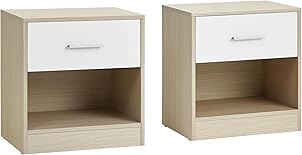 VASAGLE Nachttisch, 2er Set, Beistelltisch, mit Schublade, Griff, offenes Fach, Couchtisch, für Schlafzimmer, Wohnzimmer, naturbeige-klassikweiß LET819T67