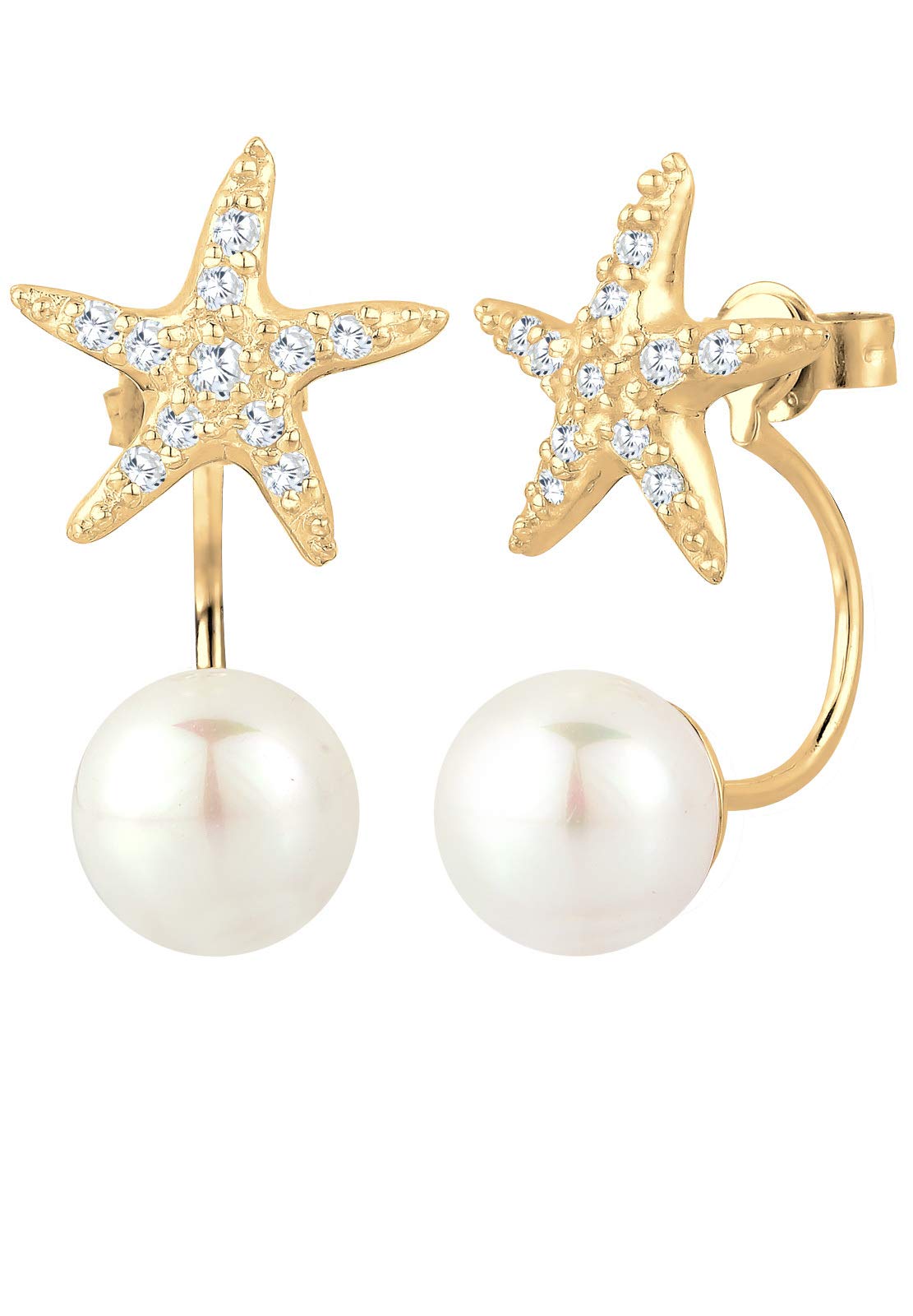 Elli Pendientes para mujer con forma de estrella de mar con perlas y cristales de circonita en plata de ley 925 chapada en oro, Corte facetado, Circonia cúbica