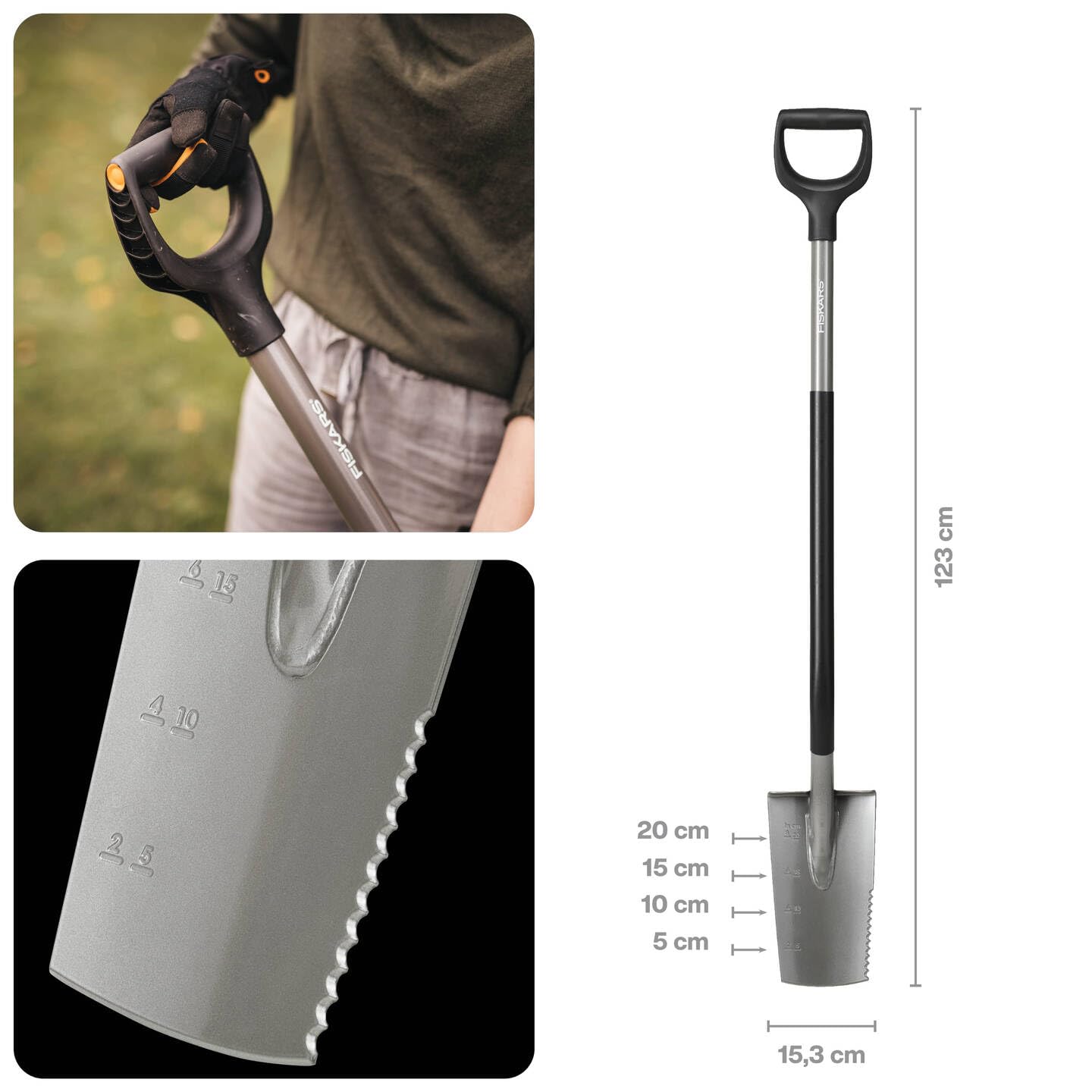 Fiskars Ergonomic Bêche Dame, Bêche avec Dents de Scie pour Couper Les Racines, Poignée en D, Acier au Bore/Plastique, 1066714