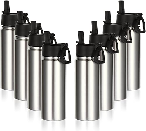 Volhoply Botella de agua aislada de 18 onzas a granel, paquete de 8 botellas de agua de acero inoxidable para niños con popote, botella de agua