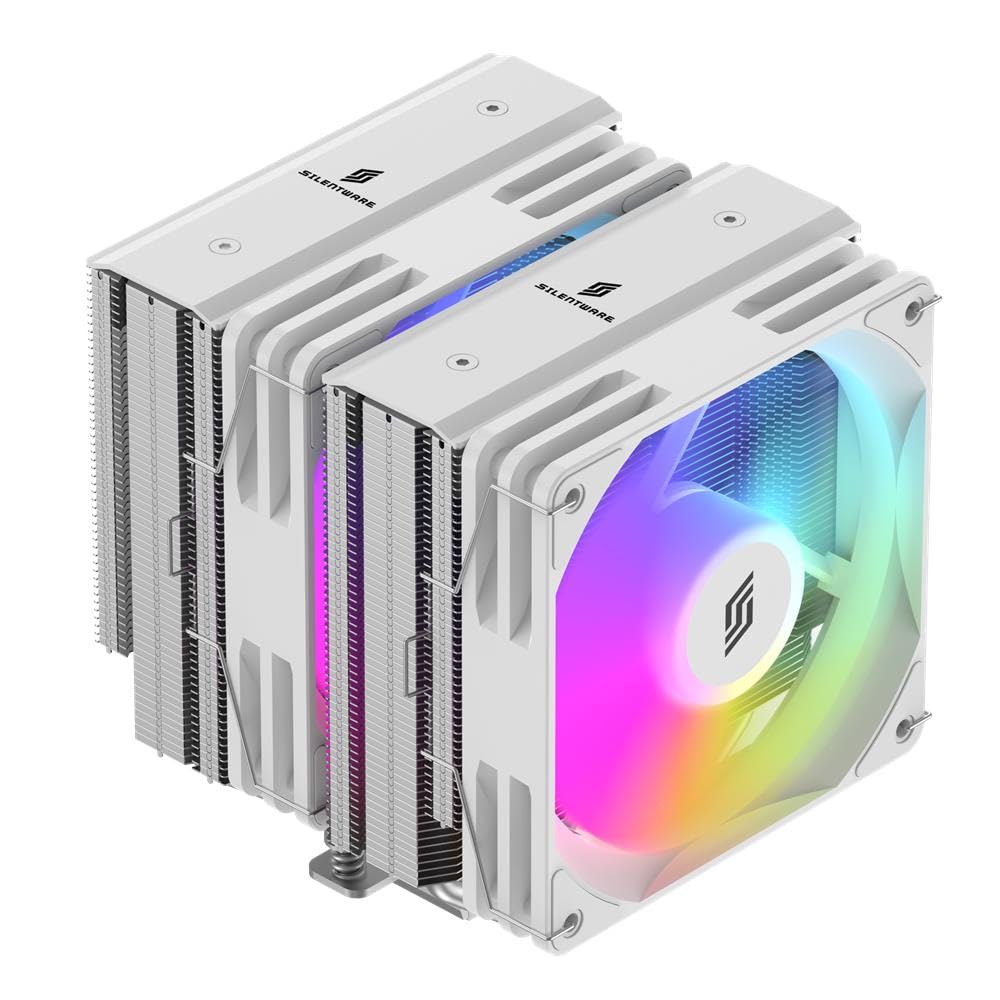 Titan RGB White Radiatore CPU, a doppia torre, 6 heatpipes in rame, 2 ventole PWM da 120 mm, illuminazione A-RGB, TDP 265 W, compatibile con Intel LGA 115X/1200/1700/1851 e AMD AM4/AM5